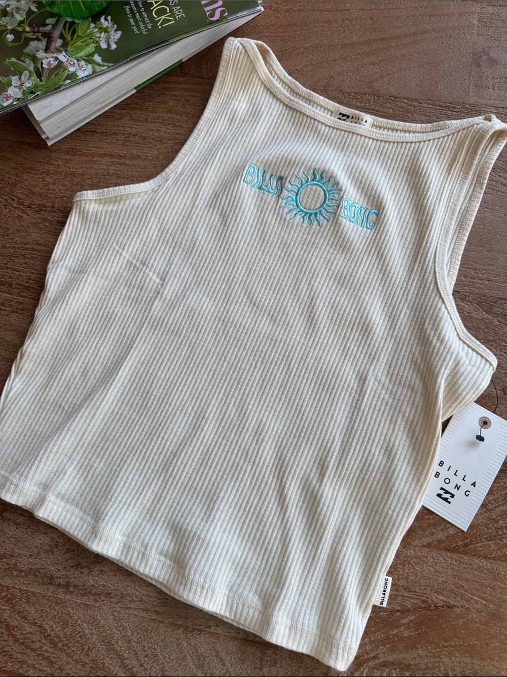 Billabong Cream Ribbed Crop “Go For It” Tank with Turquoise Sun Logo